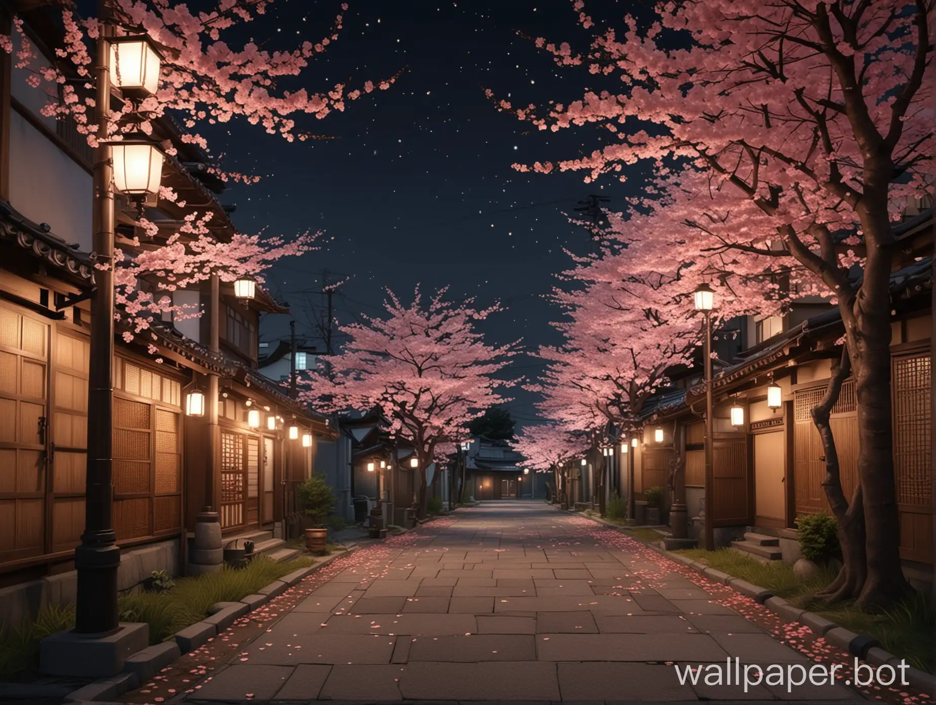 night japanese traditional street with Japanese lamps and cherry trees anime realistic style