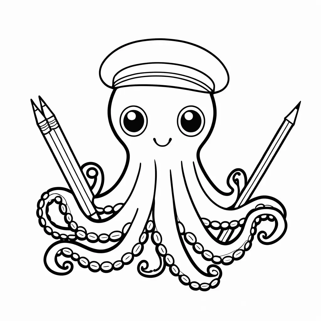 Cartoon-Octopus-with-Sailor-Hat-Holding-Crayons-Coloring-Page