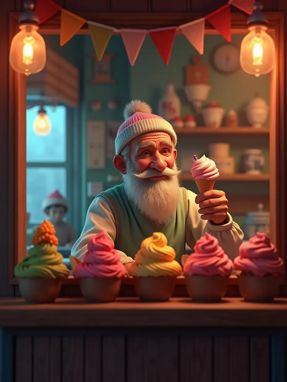 An old man (Babali) in a cozy ice cream shop, making colorful, delicious ice creams using glowing, rainbow-colored fruits. The shop is warm and inviting, with soft light and a nostalgic atmosphere.Cinematic lighting، Ultra photoreal، Ultra detailed