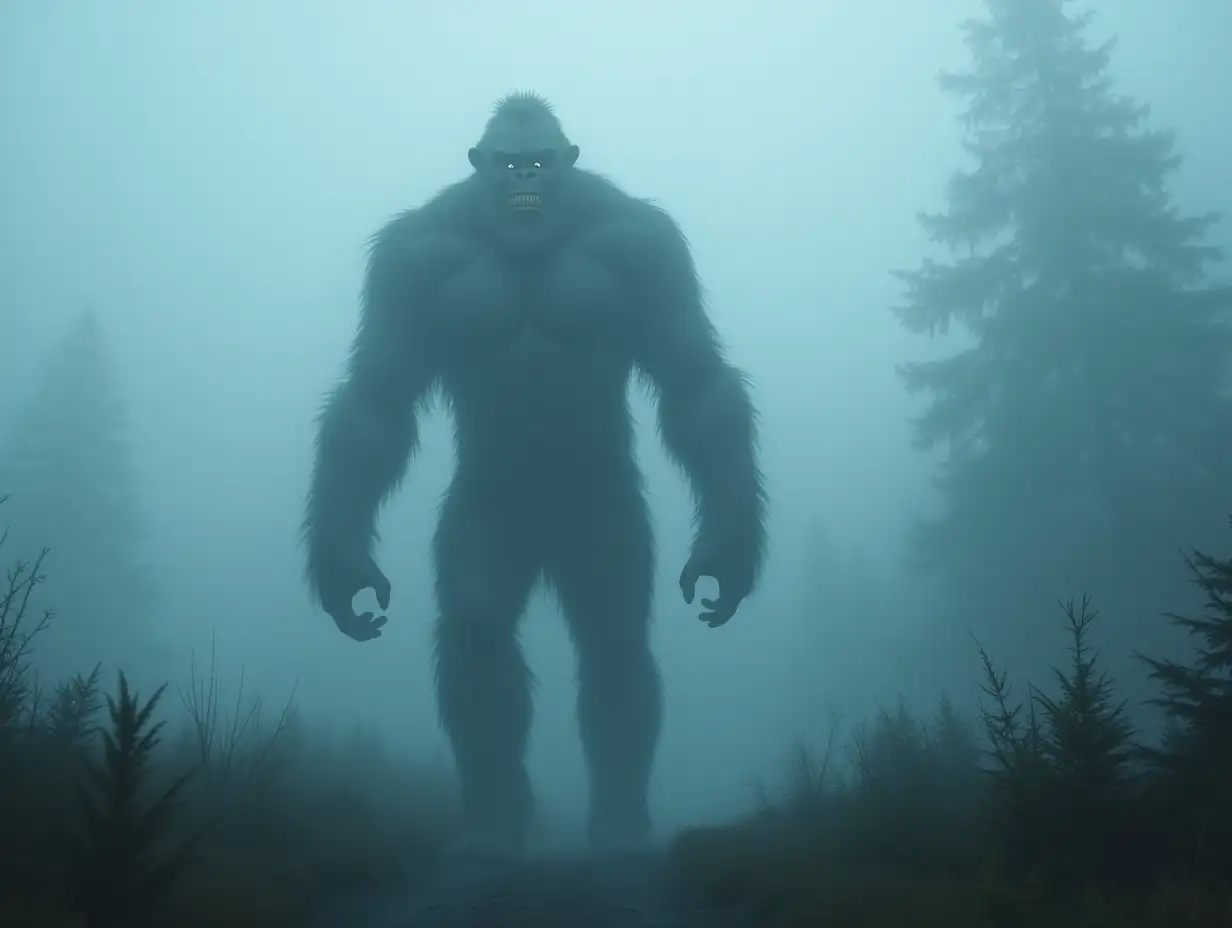 Bigfoot in Fog, Fantasy Style, realistic photography in 4K quality, precise anatomy, smallest details, flawless composition