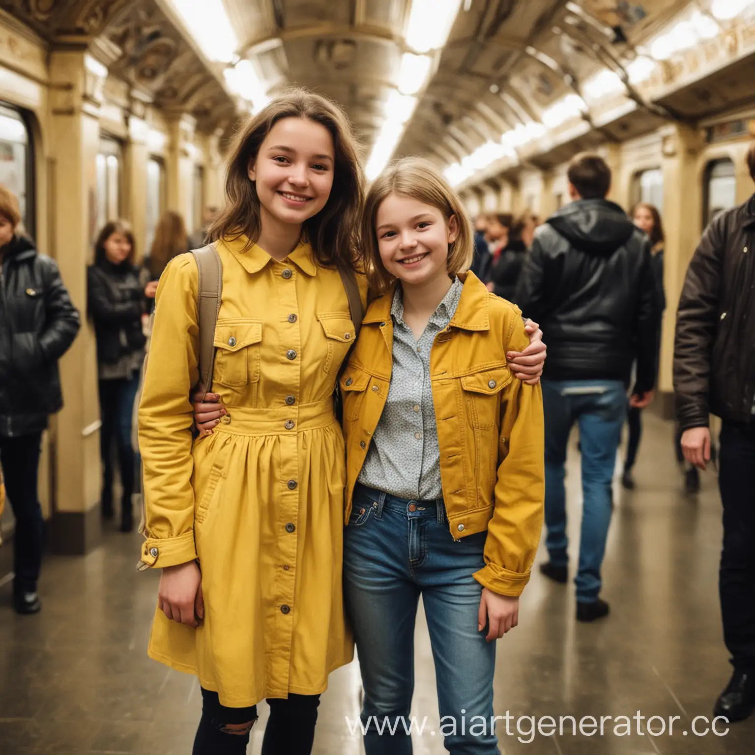 Реальная фотография. Девочка 15 лет с мамой в московском метро. На девочке жёлтое платье. На маме джинсы и пиджак. Они улыбаются . Вокруг много народу. 