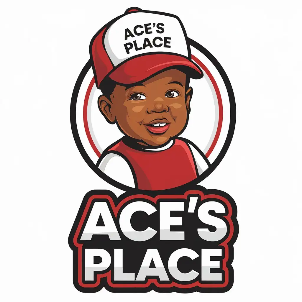 LOGO Design for Aces Place Afrocentric Cartoon Image of 5YearOld Boy in Red and White with Hat