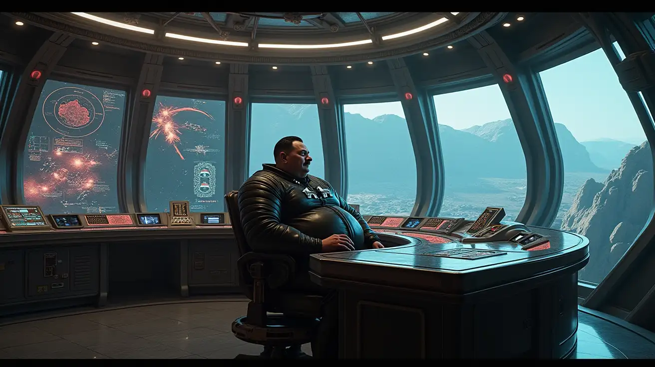 Dystopian-Control-Room-with-Overbearing-Leader-in-Space-Station