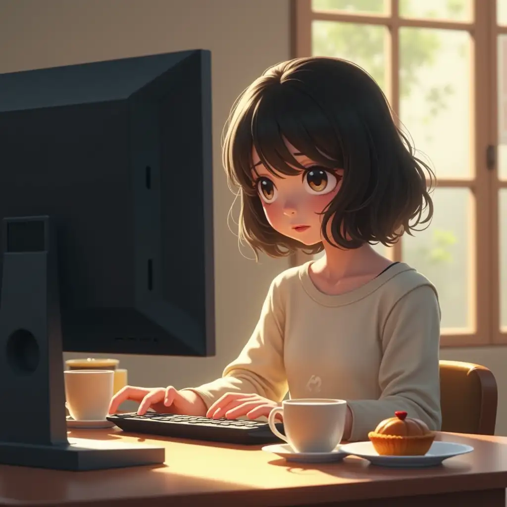 A girl with black hair is sitting at a computer, with a cup of tea next to her, and a plate with a pastry on the table. Photorealism