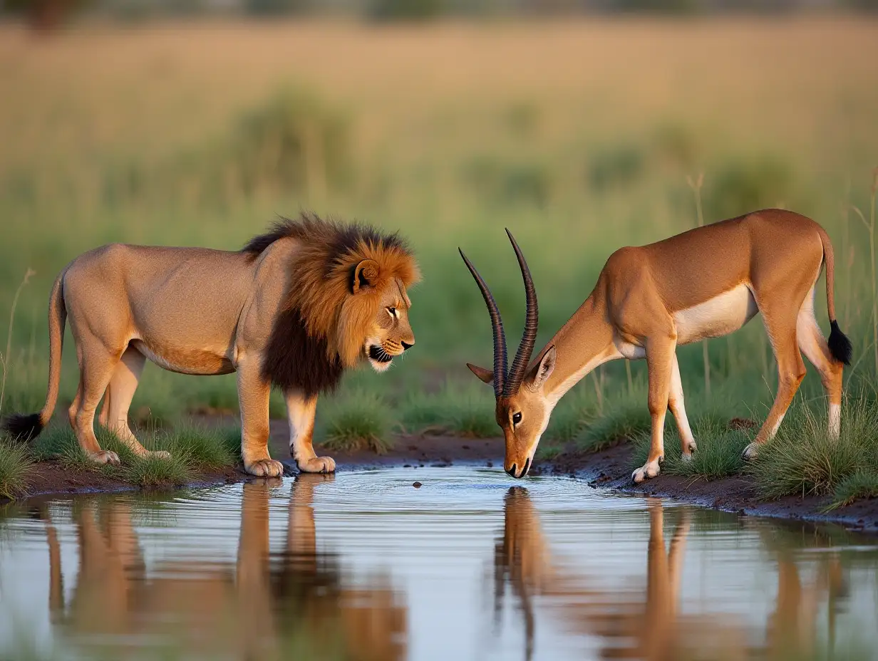 A lion and an antelope side-by-side at a watering hole, each drinking cautiously while maintaining a wary distance, surrounded by tall grass and the serene landscape of the African savannah.