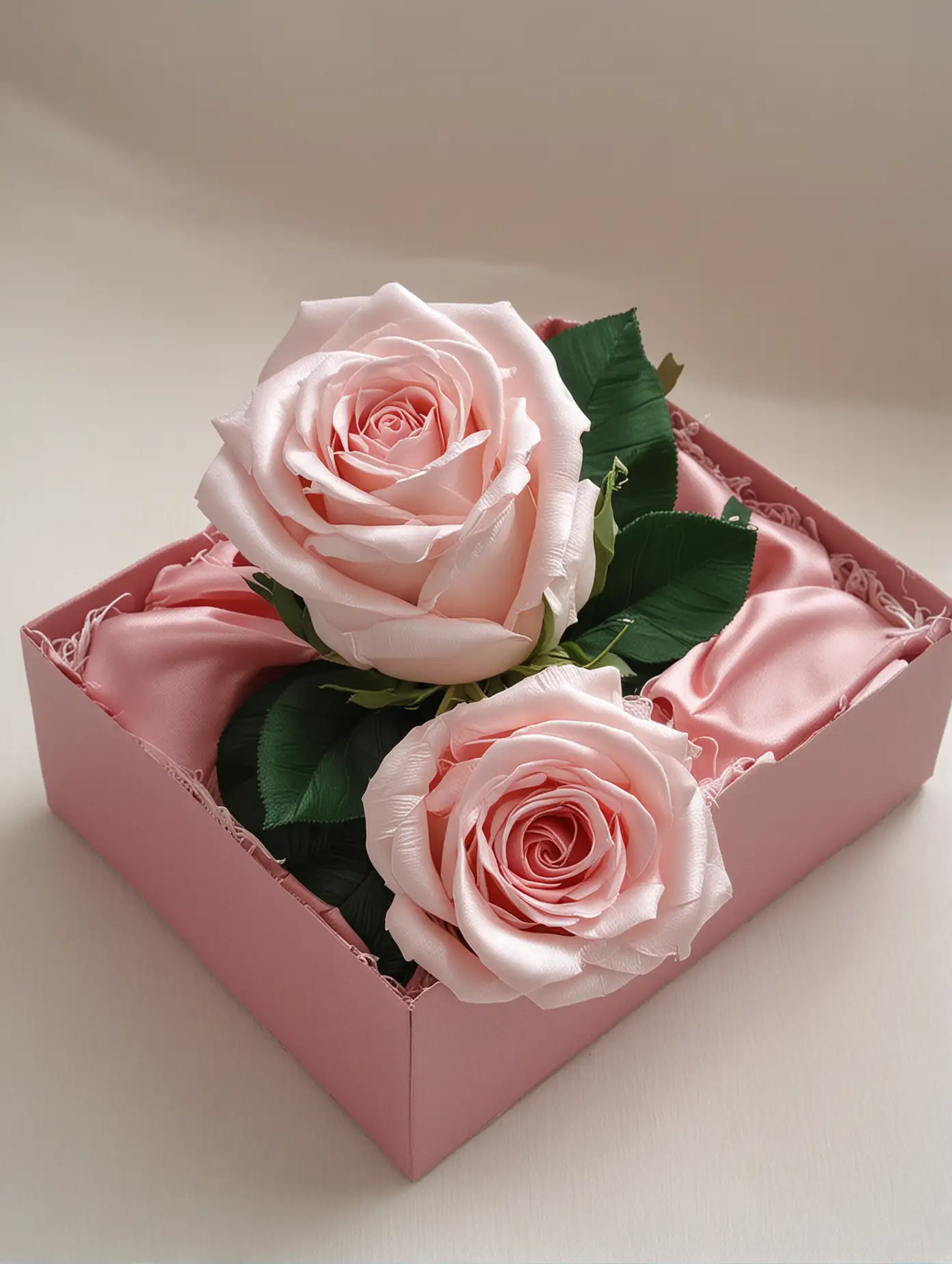 Artificial rose hand made with ribbon and fabric inside the box