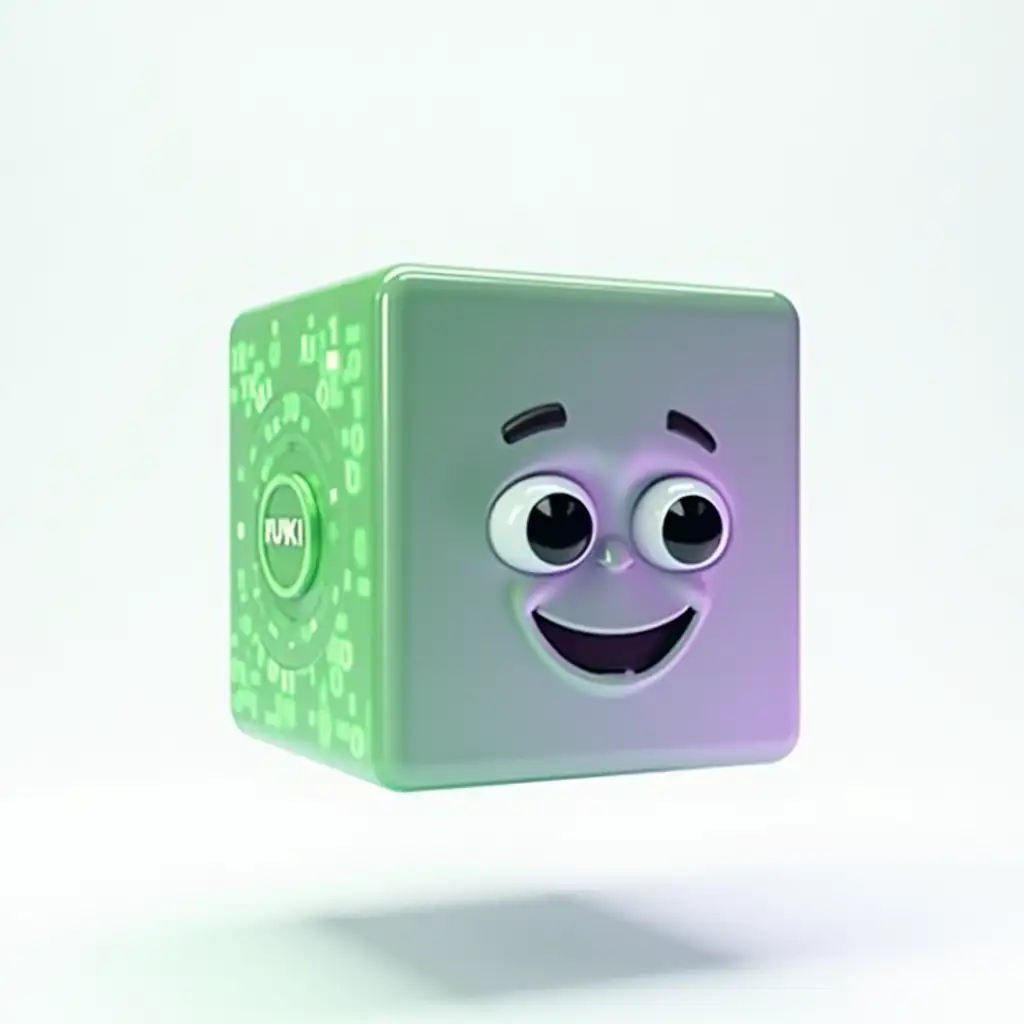 PREFX: 3D Pixar render, semi-realistic with cartoonish charm, tech AI aesthetic, gender-neutral, vibrant green (#5FC290) and purple (#7631A6), subtle glow, white background, soft shadowsnnSCENE: Floating Rubik's Cube with friendly face, RUWIKI logo. Faces shift between solid (green/purple) and translucent, mirror-like states, showing swirling educational images. Soft, rounded edges for approachability.nnSUFFIX: Pixar-style animation, expressive eyes, warm smile. Face shows empathy, enthusiasm. Smart glasses appear when 'thinking'. Cheerful color transitions with gentle chimes. Cube bobs/rotates mid-air. Edges glow, pulsating green to purple. 'Active' state projects holograms of mini-games/puzzles. Surfaces display flowing binary/educational symbols, forming learning-related animations. Energetic, comforting presence inviting interaction.