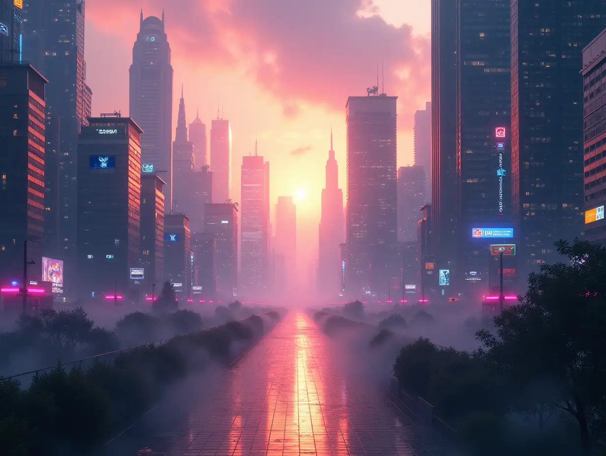 a future city full of tech, under the gentle sunlight, the sky presents dreamy colors, towering buildings into the clouds, neon lights flicker on the streets, showing a prosperous and lively scene.