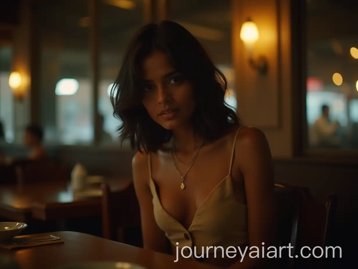 Cinematic-Thriller-Shot-of-Indian-Woman-Secretly-Watching-from-Under-Table-in-Restaurant