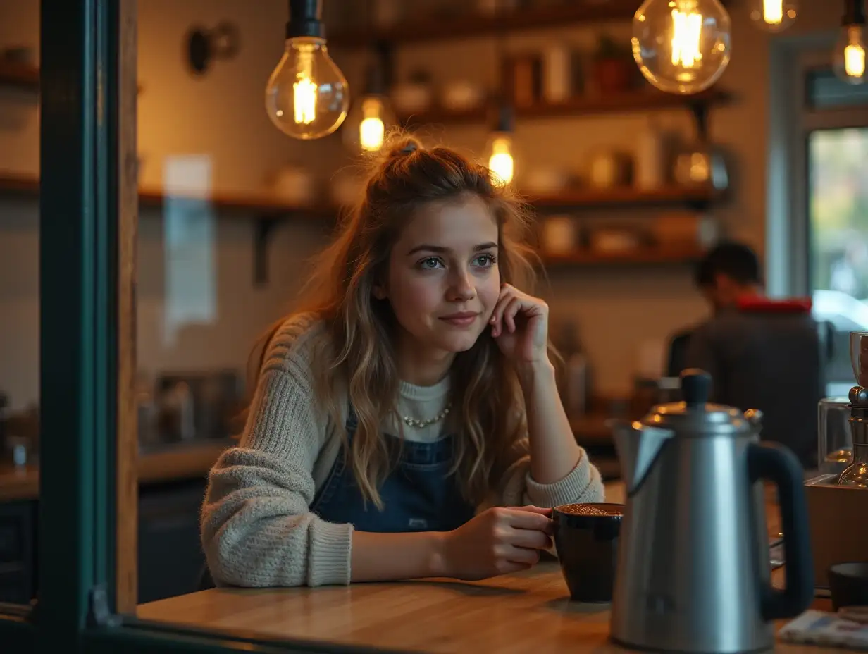 a blonde boy sees through a cafe window a young brunette girl who looks like Mila Kunis working in the cafe and making coffee, she does not notice him, but he looks at her