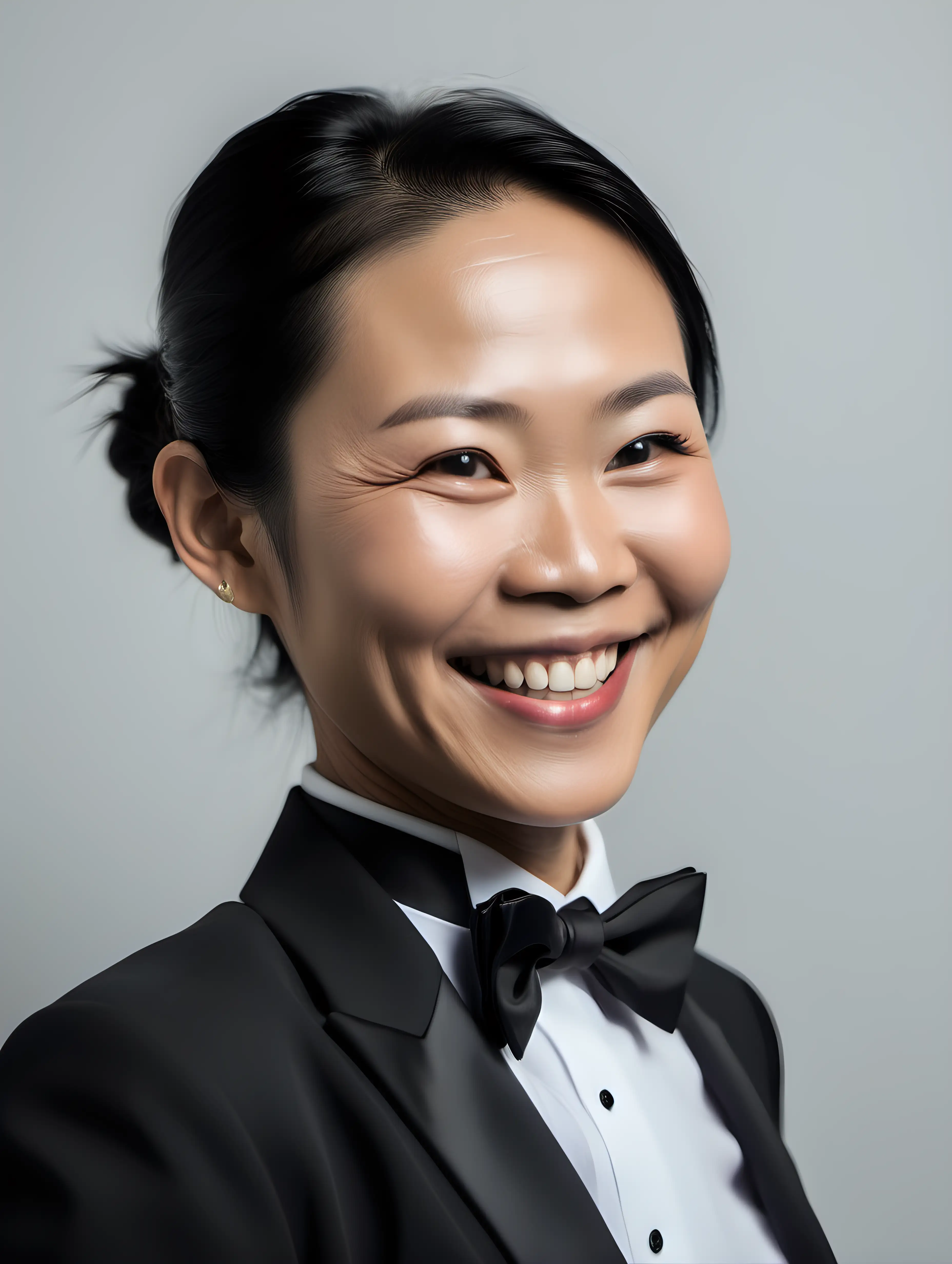 Profile of a smiling and laughing 40 year old Vietnamese woman wearing a tuxedo.