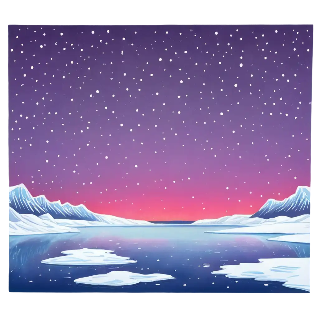 Cartoon-Hand-Drawn-Ice-Covered-Antarctic-Lake-at-Night-with-Northern-Lights-PNG-Image