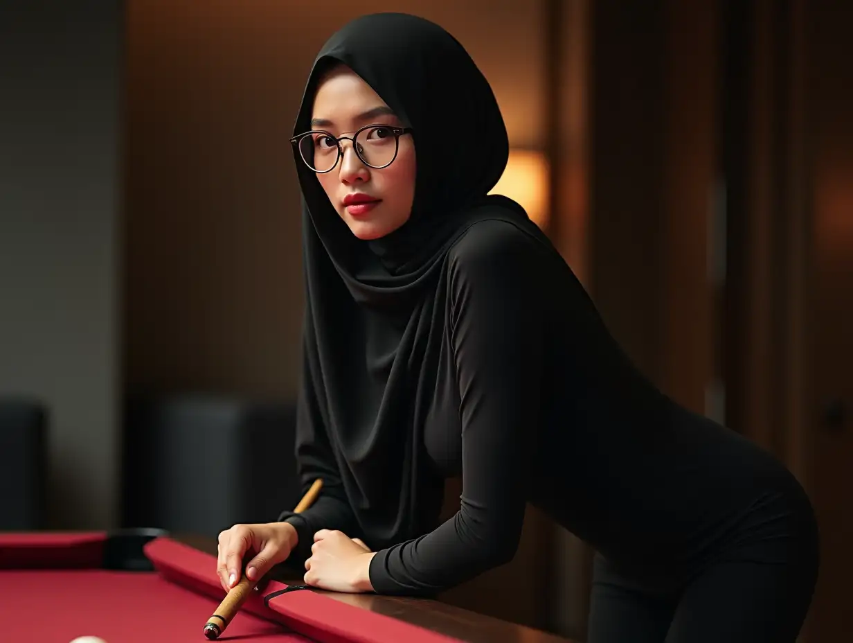 Confident-20YearOld-Asian-Woman-in-Black-Swimsuit-and-Maroon-Hijab-Playing-Billiards