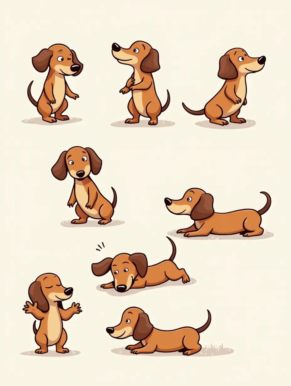 cute doodle cartoon style Mini dachshund, sneaking, multiple posing, multiple expressions