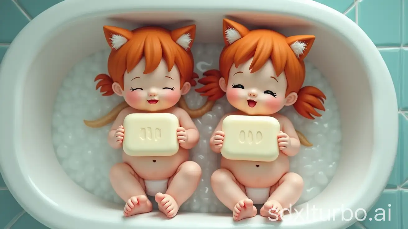 Two-Pregnant-Redhead-Girls-with-Cat-Ears-and-Tails-Playfully-Biting-Soap-in-Preschool-Bathtub