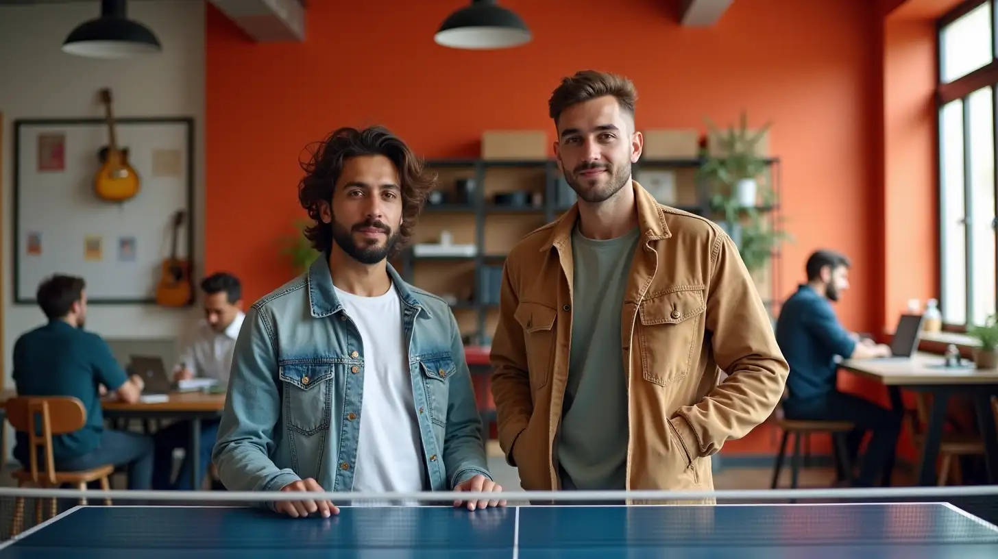 Two Young Latin Friends Posing at a Ping Pong Table in a Modern Coworking Space