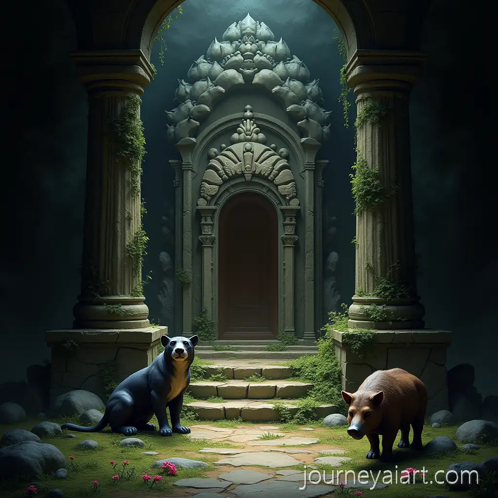Fantasy-Underground-Temple-with-AnimalUnderground-temple-with-statues-Statues-Panther-Bear-and-Boar