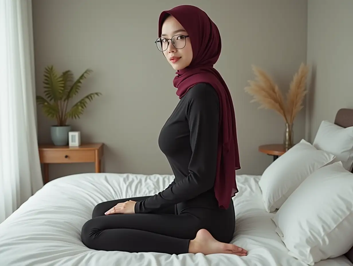 Serene-and-Contemplative-Young-Woman-in-Maroon-Hijab-on-White-Bed