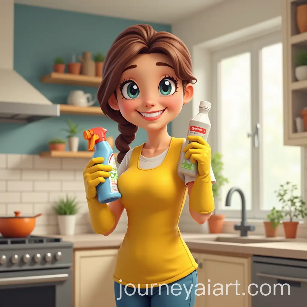 Cheerful-Woman-Cleaning-in-the-Kitchen-with-Detergent-and-Yellow-Gloves