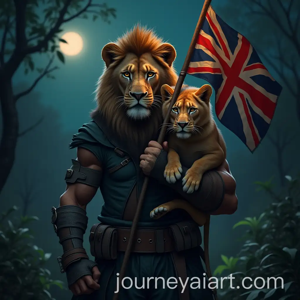 Modern-Jungle-Warrior-with-Pet-Lion-and-Union-Jack-Flag-at-Night