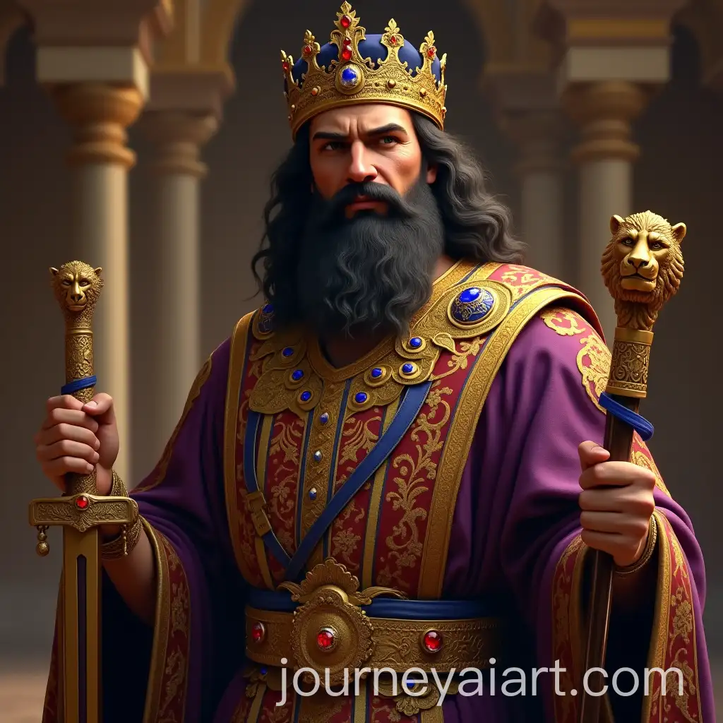 Ancient-Persian-King-in-Regal-Attire-with-LionHeaded-Staff-and-Sword