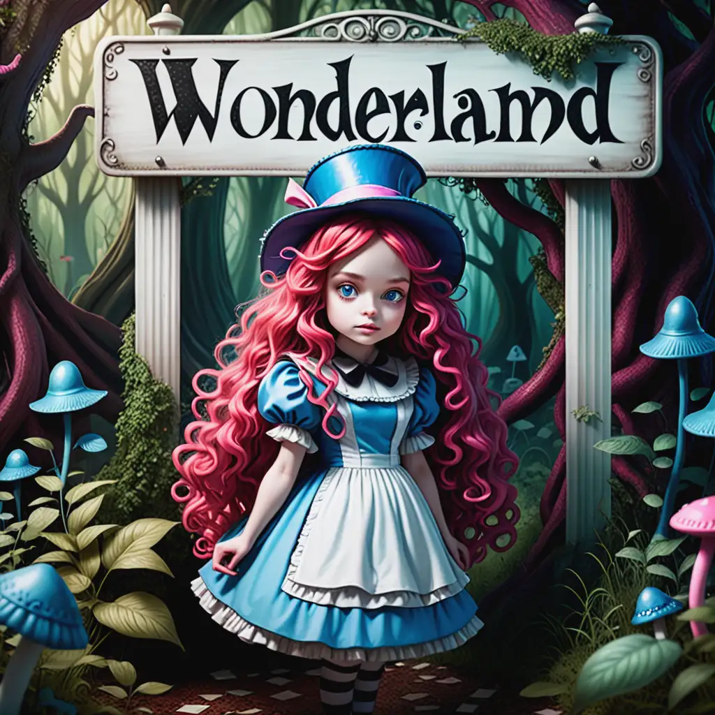 Young Alice in Wonderland with Signature Style Under Overgrown Wonderland Sign