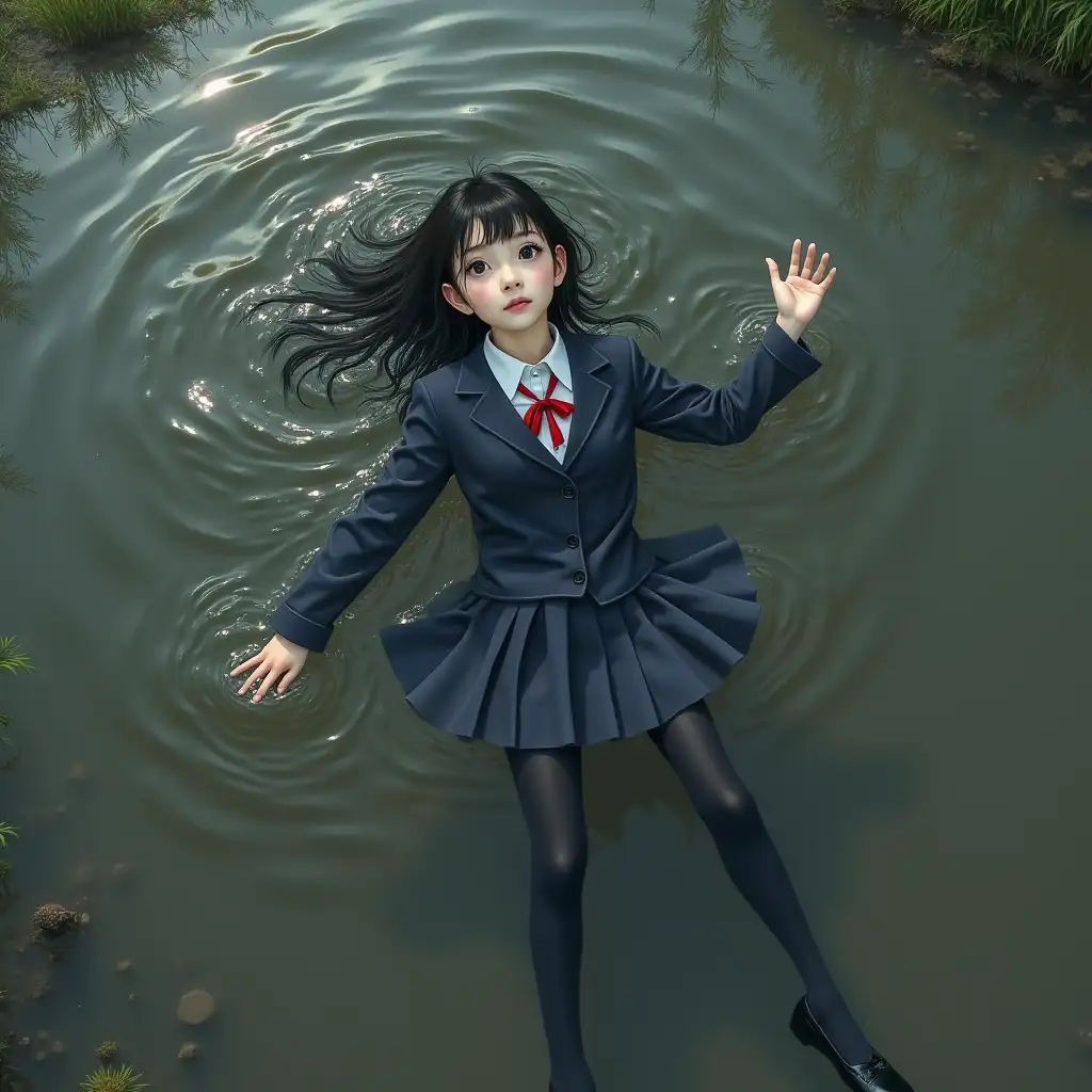 A schoolgirl in a school uniform suit with a jacket, skirt, blouse, dark tights, and high-heeled shoes. Swimming in a dirty pond. Lying in the water. Clothes are wet and stick to the body. Underwater body. Clothes are completely wet. Immersion in water.