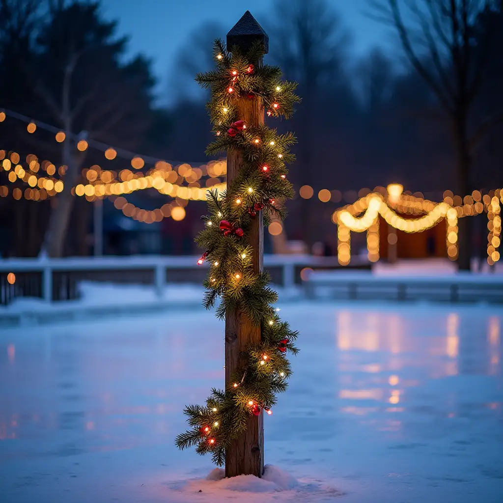 A large Christmas fence post, decorated with a multicolored light garland, with a white ice rink behind it