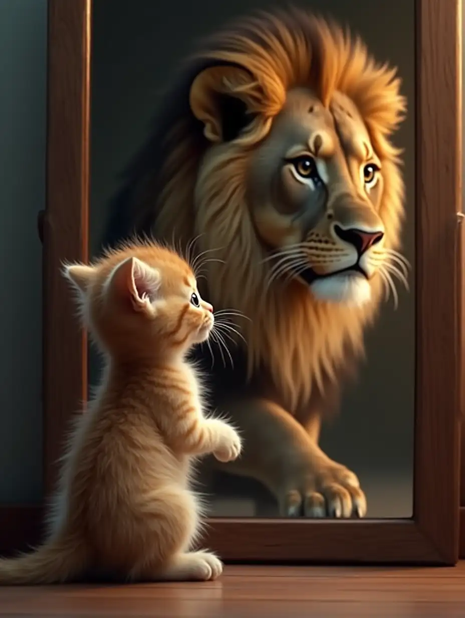 A cute kitten looking in the mirror and seeing an elegant lion reflection, high resolution, highly detailed, photorealistic, cinematic