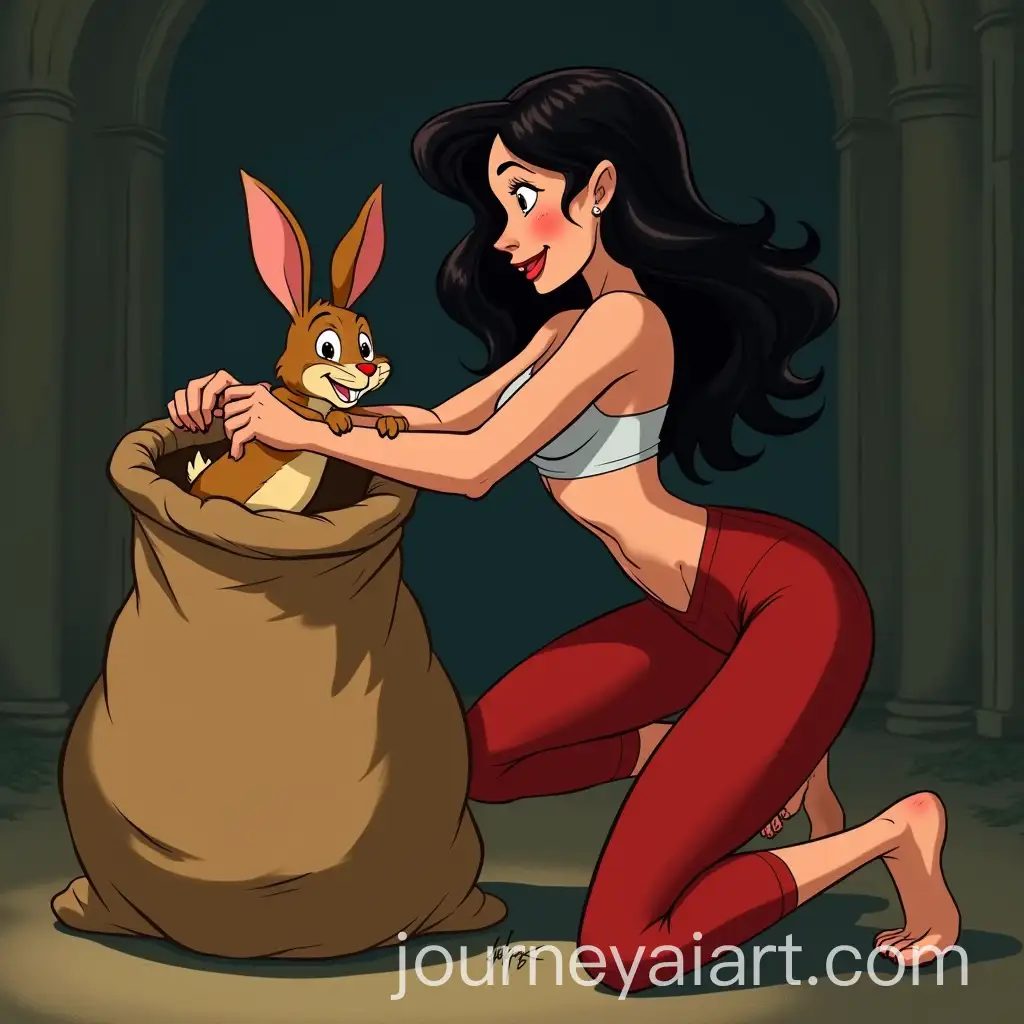 AnimatedAI-Art-Prompt-Expansion-Evil-Woman-Holding-Wild-Rabbit-in-Sack