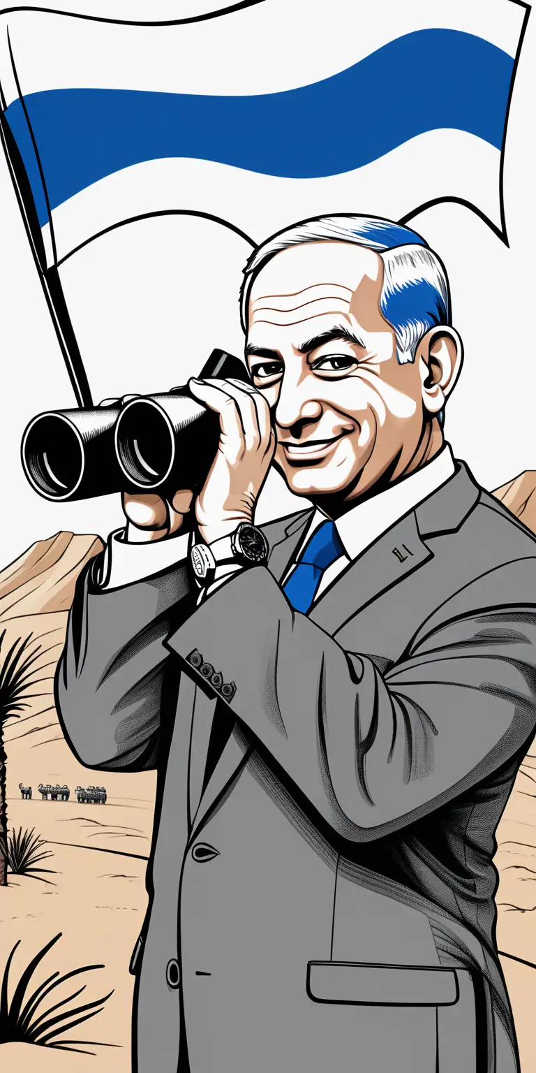 Israeli Prime Minister Benjamin Netanyahu Smiling with Binoculars in Desert