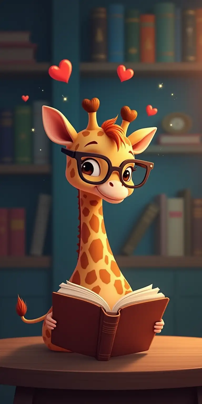 Adorable Baby Giraffe in Glasses Reading in a HeartFilled Space Library