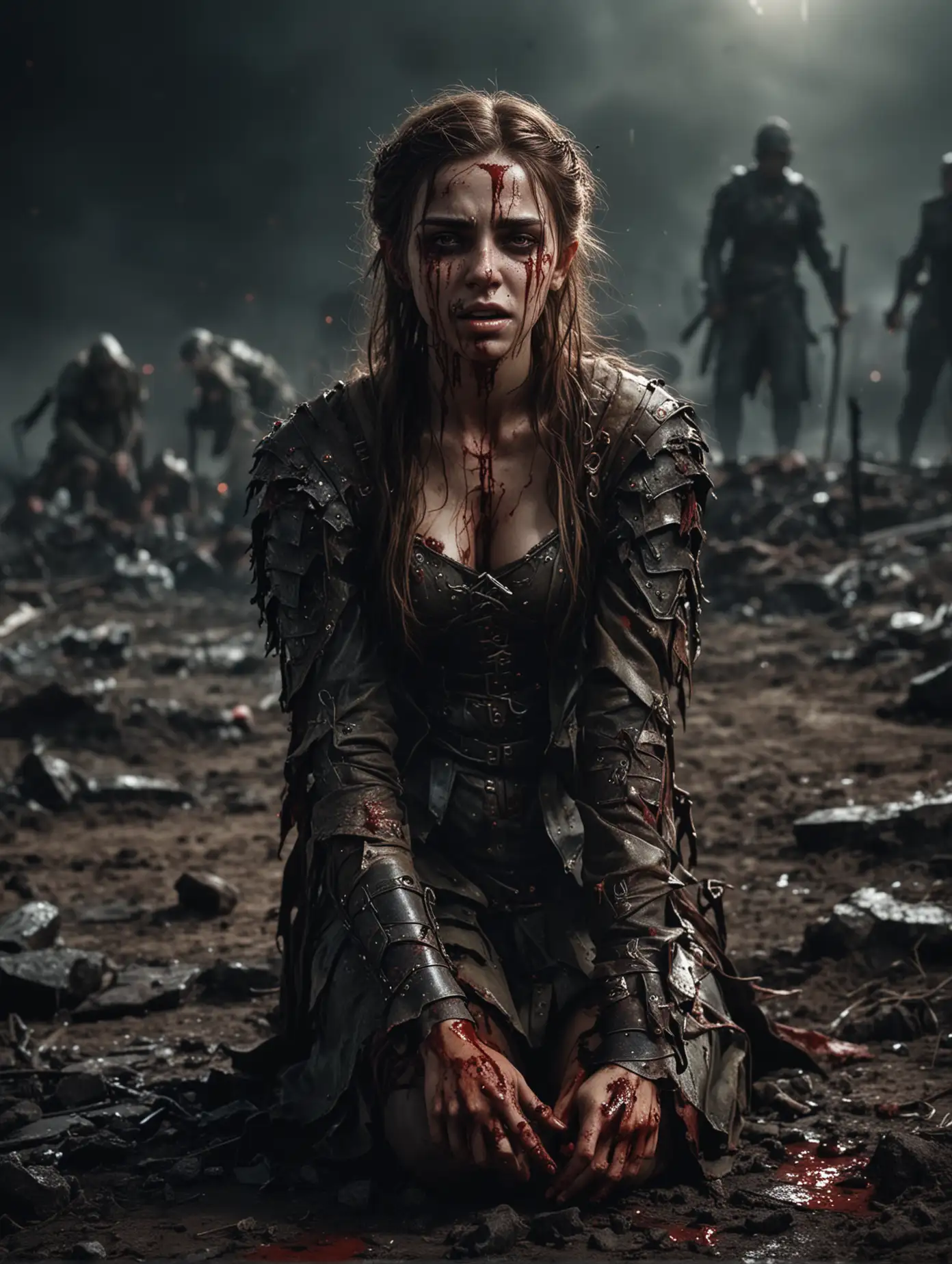 Collapsing Elf princess with a bloodied, heavily bruised face, brown hair, covered in blood, closed eyes, who is kneeling on a battlefield at night. battle and destruction in the background. dark tones.