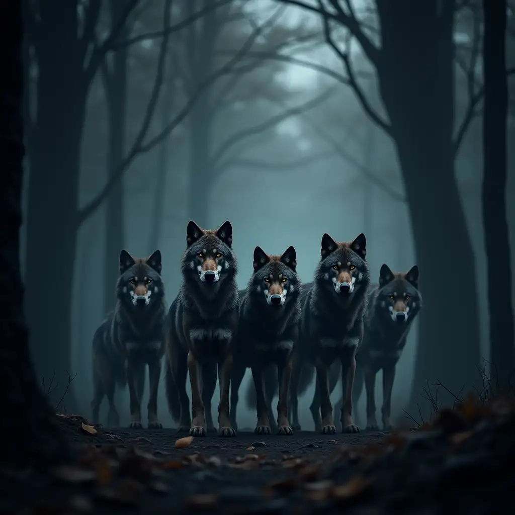 A pack of 4 wolves stand in a dark forest. In the style of realism