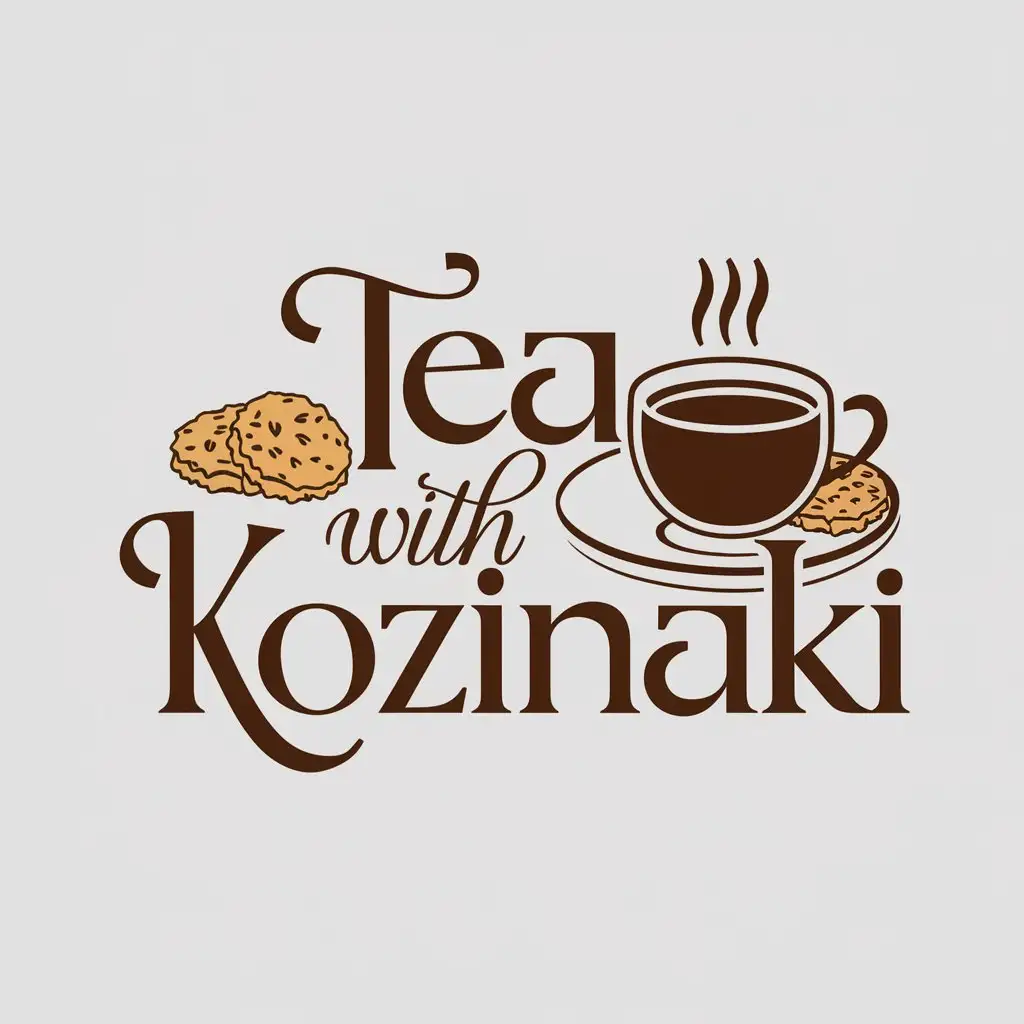 a logo design,with the text "Tea with kozinaki", main symbol:Round oatmeal cookies, cup of hot tea,Moderate,clear background