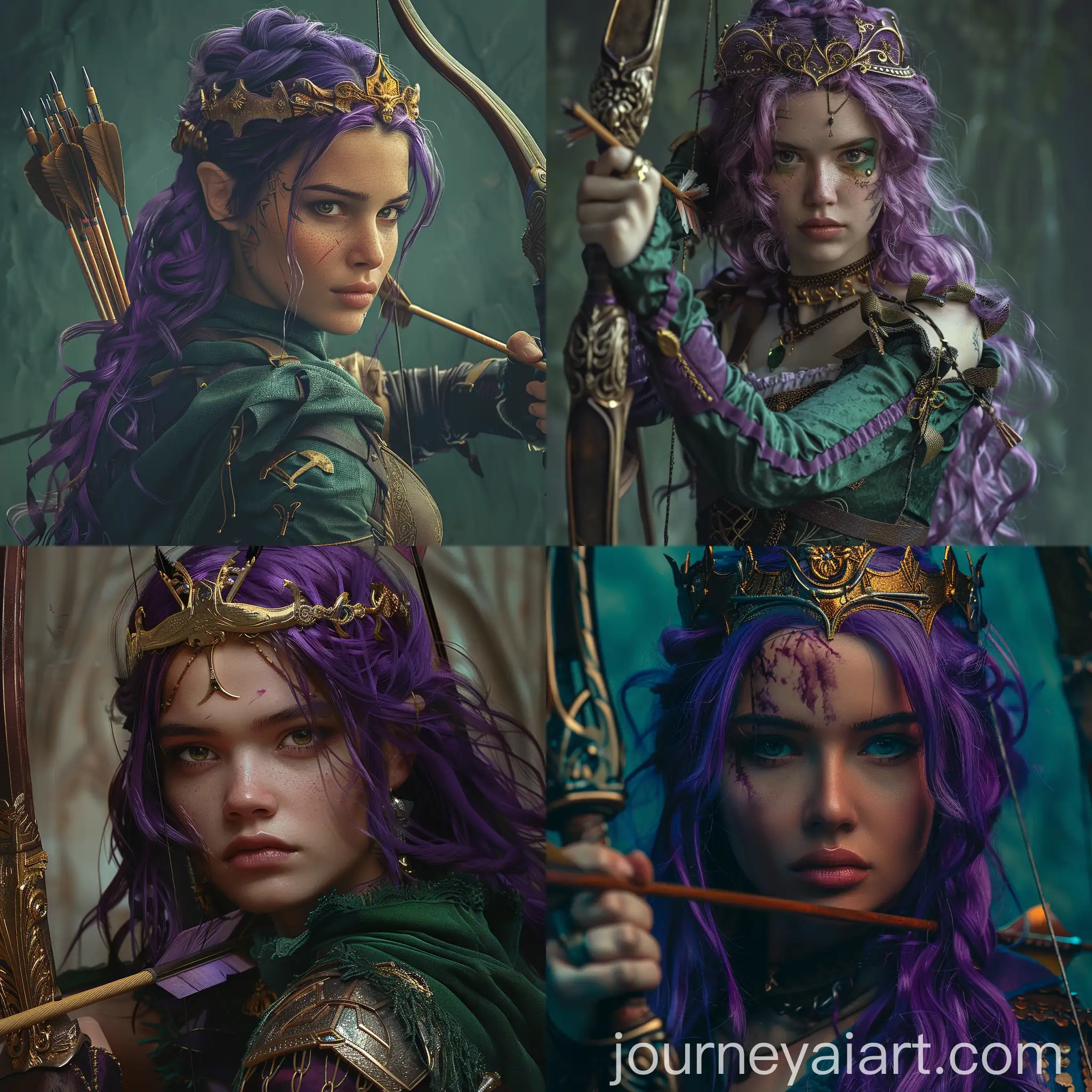 Medieval-Female-Archer-with-Purple-Hair-and-Golden-Crown