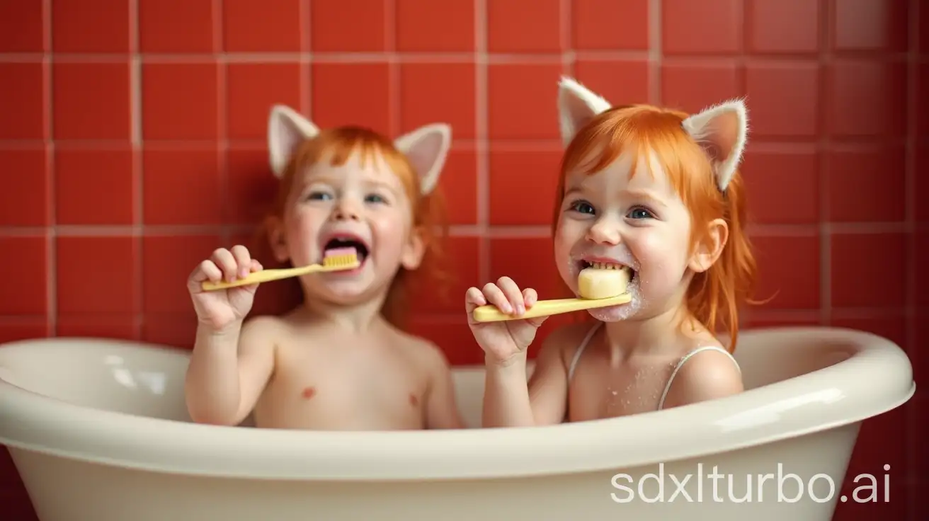 Redhead-Little-Girls-in-Preschool-Bathtub-with-Soap-and-Toothbrush