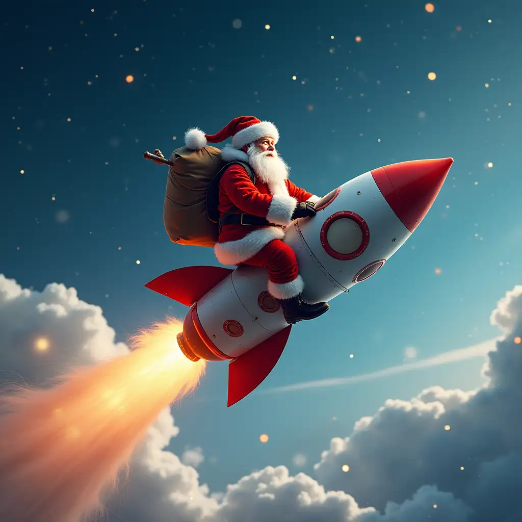 Santa goes on rocket.ultrarealistic image,christmas background