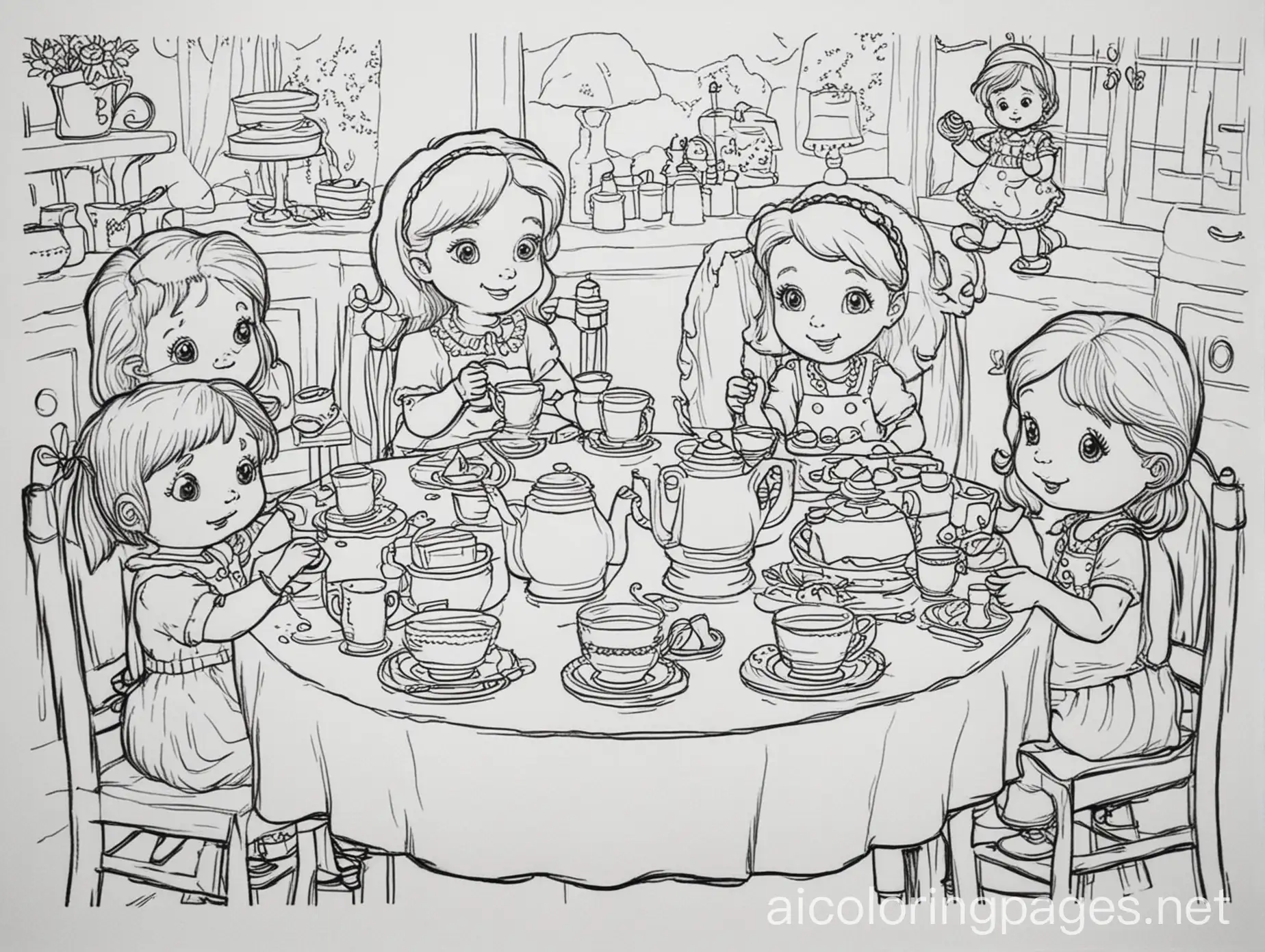 i don't know having a tea party, Coloring Page, black and white, line art, white background, Simplicity, Ample White Space. The background of the coloring page is plain white to make it easy for young children to color within the lines. The outlines of all the subjects are easy to distinguish, making it simple for kids to color without too much difficulty