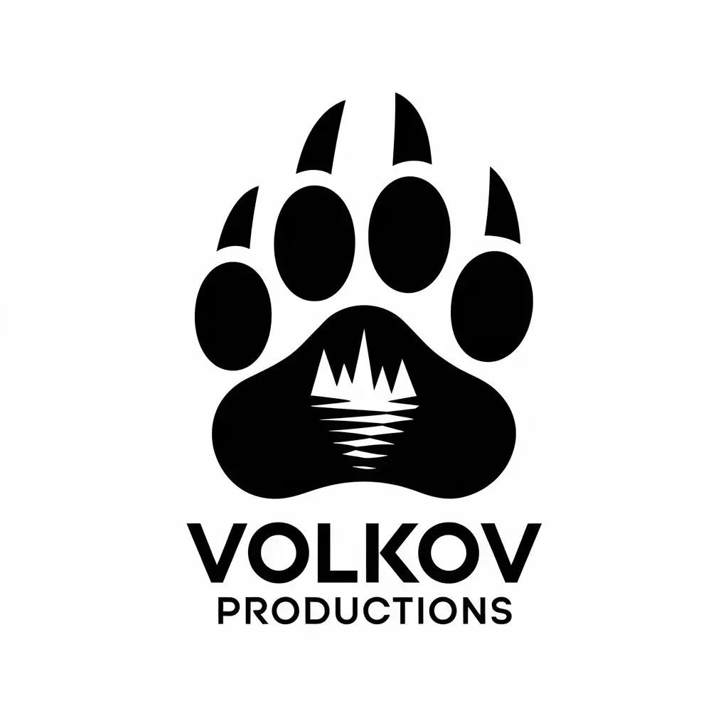 a vector logo design,with the text "VOLKOV productions", main symbol:wolf paw,Moderate,be used in cinema industry,clear background