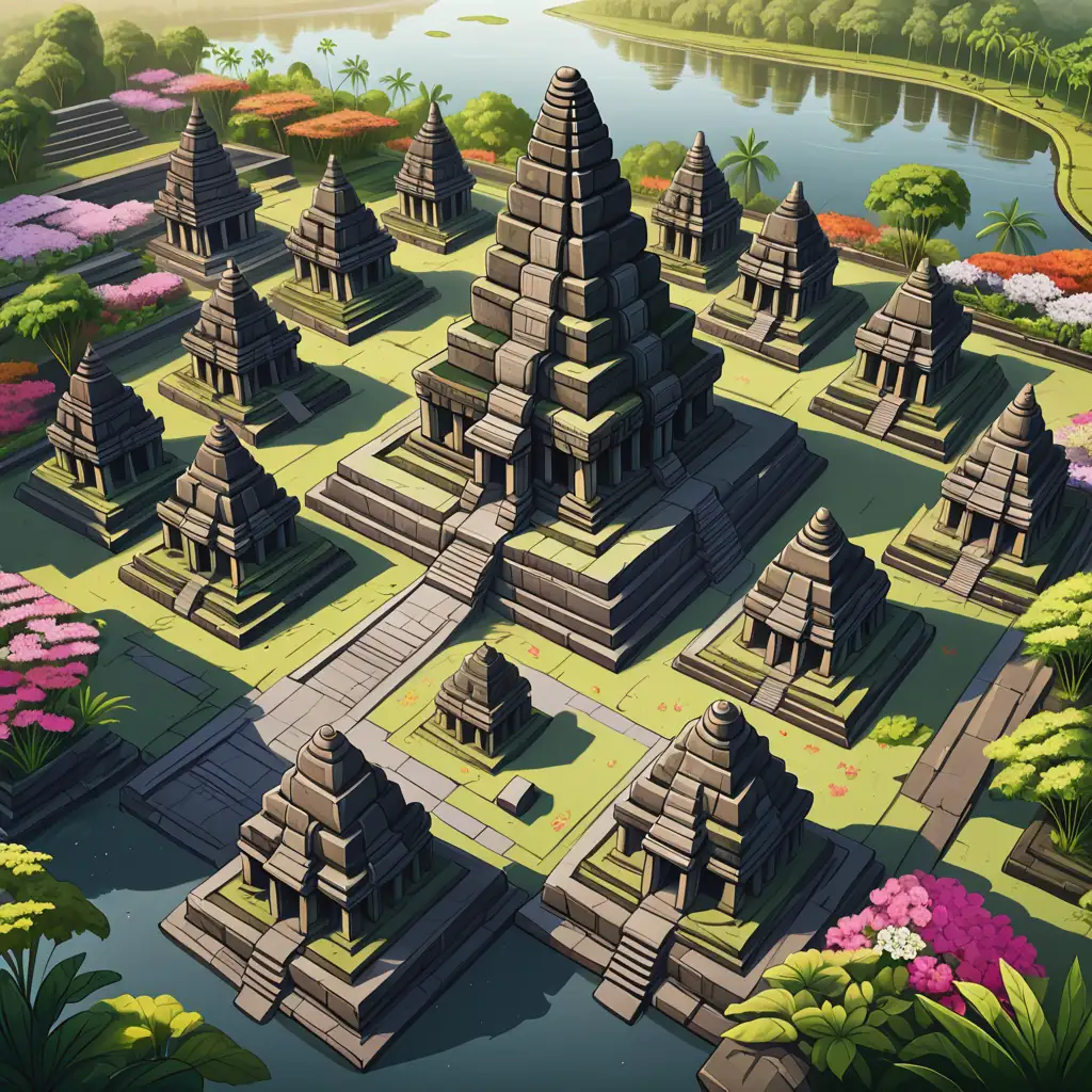 Aerial-View-of-Ancient-Indonesian-Stone-Temples-with-Flowering-Gardens