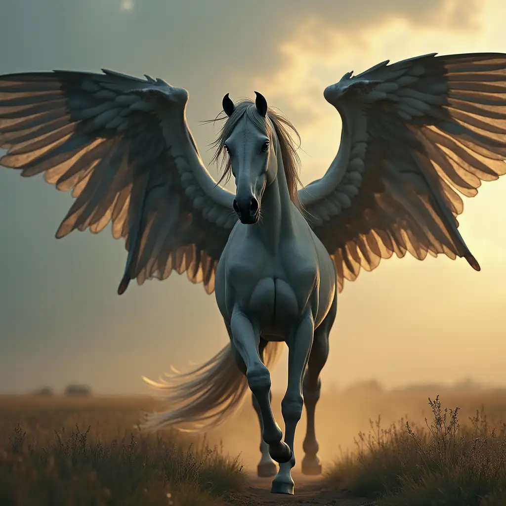 A wild and scary horse with four wings