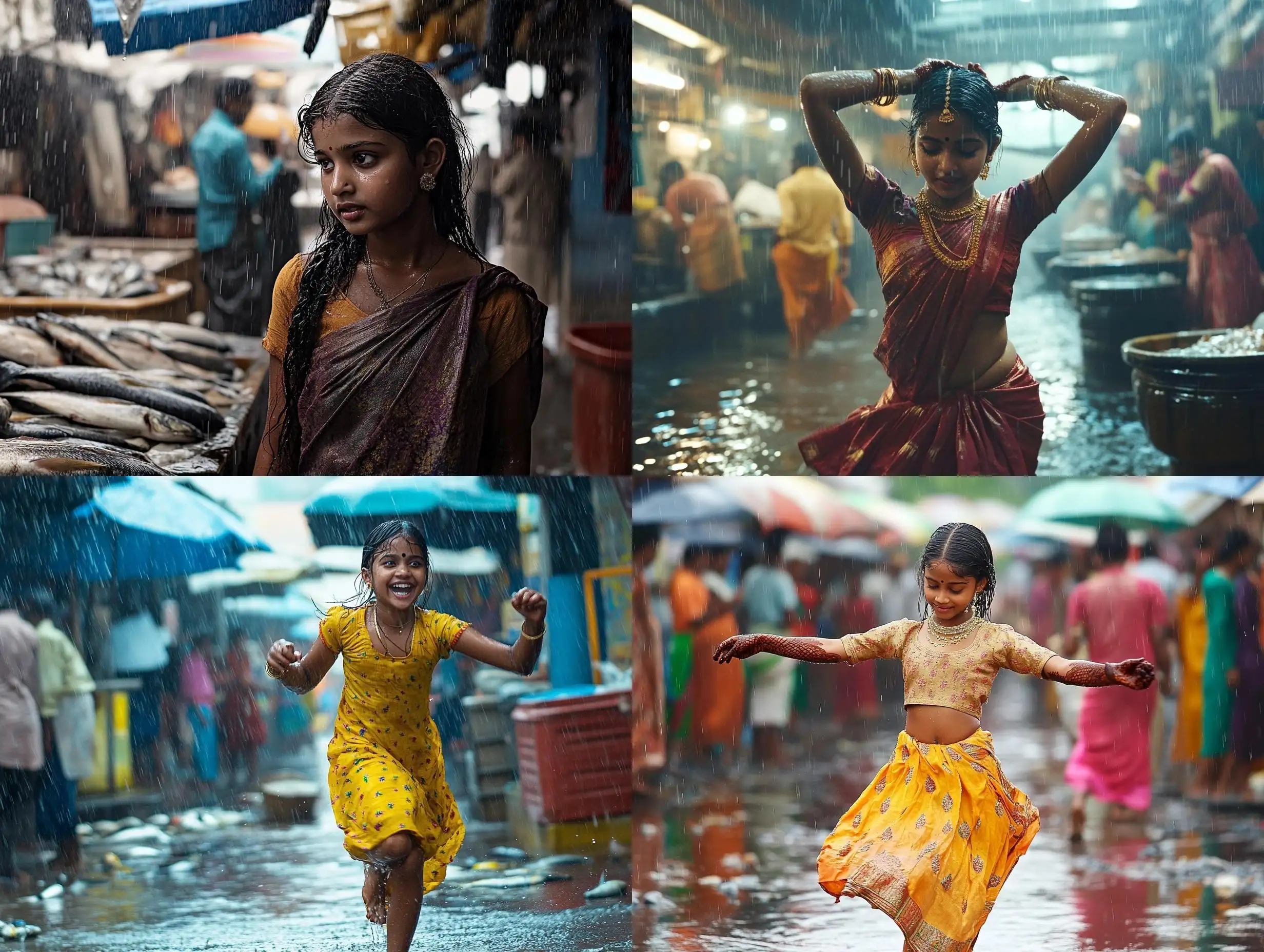 South-Indian-Teenage-Girl-Dancing-in-Fish-Market-Rain