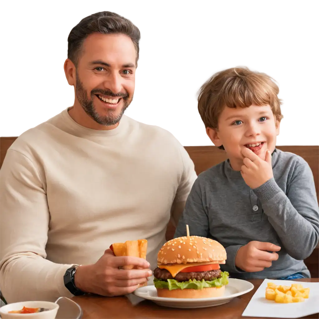 HighQuality-PNG-Image-of-Father-and-Child-Enjoying-a-Hamburger-in-a-Restaurant