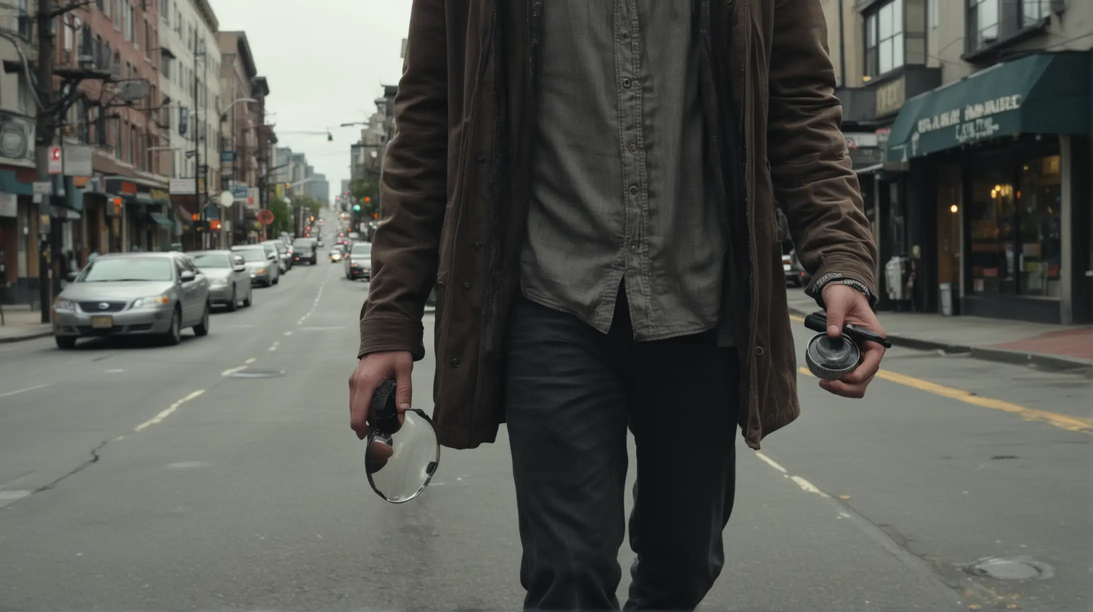 Man Walking Down Seattle Street with Vocal Microphone and Magnifying Glass