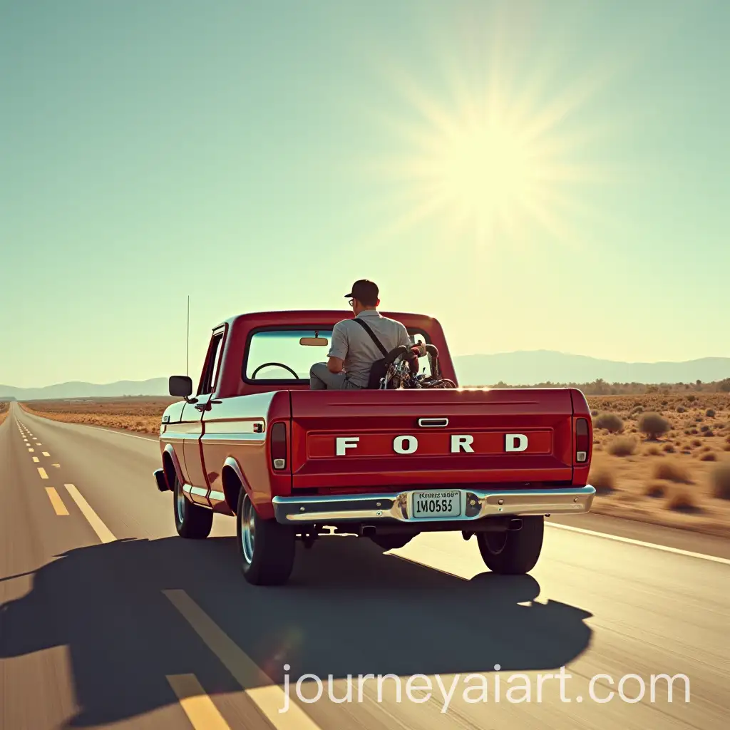 Joe-Biden-Driving-a-Red-Ford-F150-with-Motorcycle-on-Route-66-Under-Bright-Sun