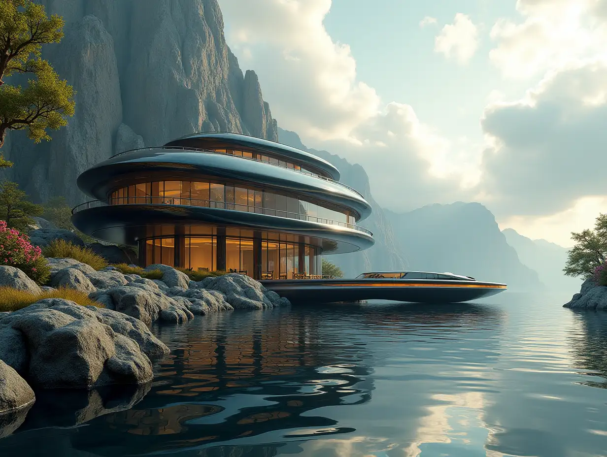 Create a high-resolution realistic image in 4k resolution of a futuristic gold and black building with curved columns, mountains with big trees, rocks, flowers, a futuristic large glass yacht with a window on a cloudy sky