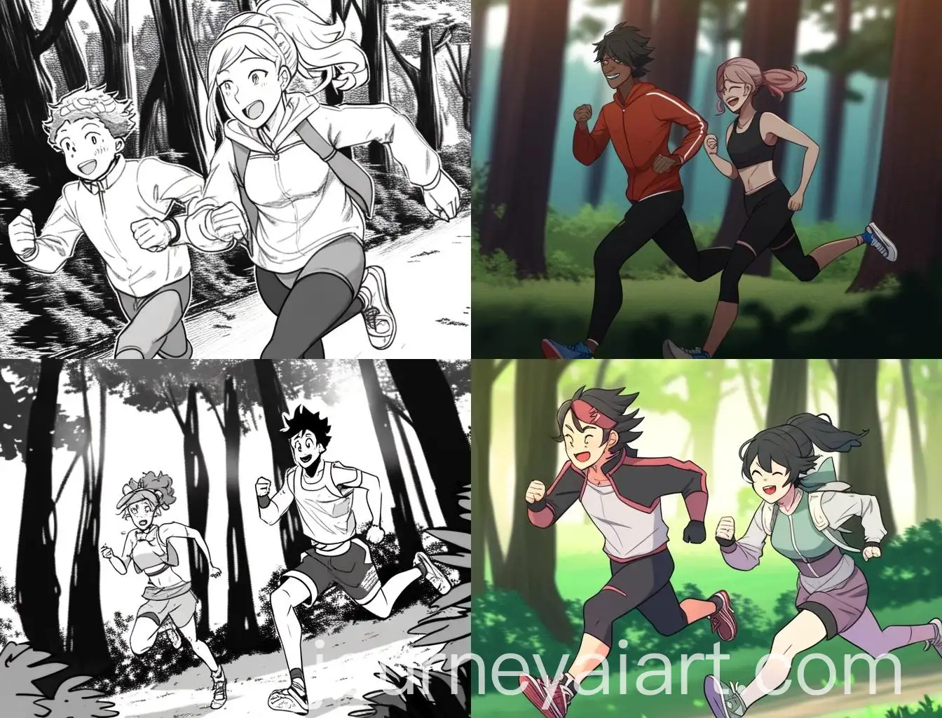 Smiling-Couple-Running-Together-in-Forest-Comic-Art-Style