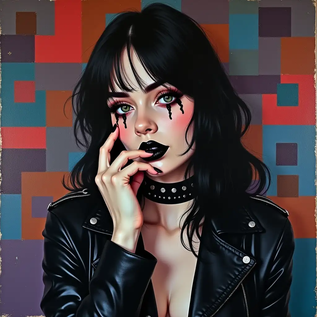 Painting in the style of vintage pulp art and geometric pattern of squares. A portrait of a goth woman, likely in her 20s, with porcelain skin,  and .  She is positioned slightly to the left of center in the image.  Her expression is thoughtful, with her finger gently resting on her black lips.  She wears  a choker with studs.  Her clothing appears to be a black-blue-gray leather jacket.  Her facial features are prominent and well-defined. She has  geometric pattern of squares in various shades  blended into her face and long dark Raven hair. The woman's body is presented in a three-quarter view, slightly angled toward the viewer.  The background is a vibrant, geometric pattern of squares in various shades of blue, purple, brown, red, black, and grey.  The colors are bold and somewhat contrasting. The lighting is bright and focused on the woman's face and upper body, creating a slightly dramatic effect. The overall style is modern, bold, and expressive.  The painting style includes a pixelated quality and distinct brushstrokes.  The composition is balanced, with the subject and background colors complementing each other.  The perspective is a direct, almost close-up view.