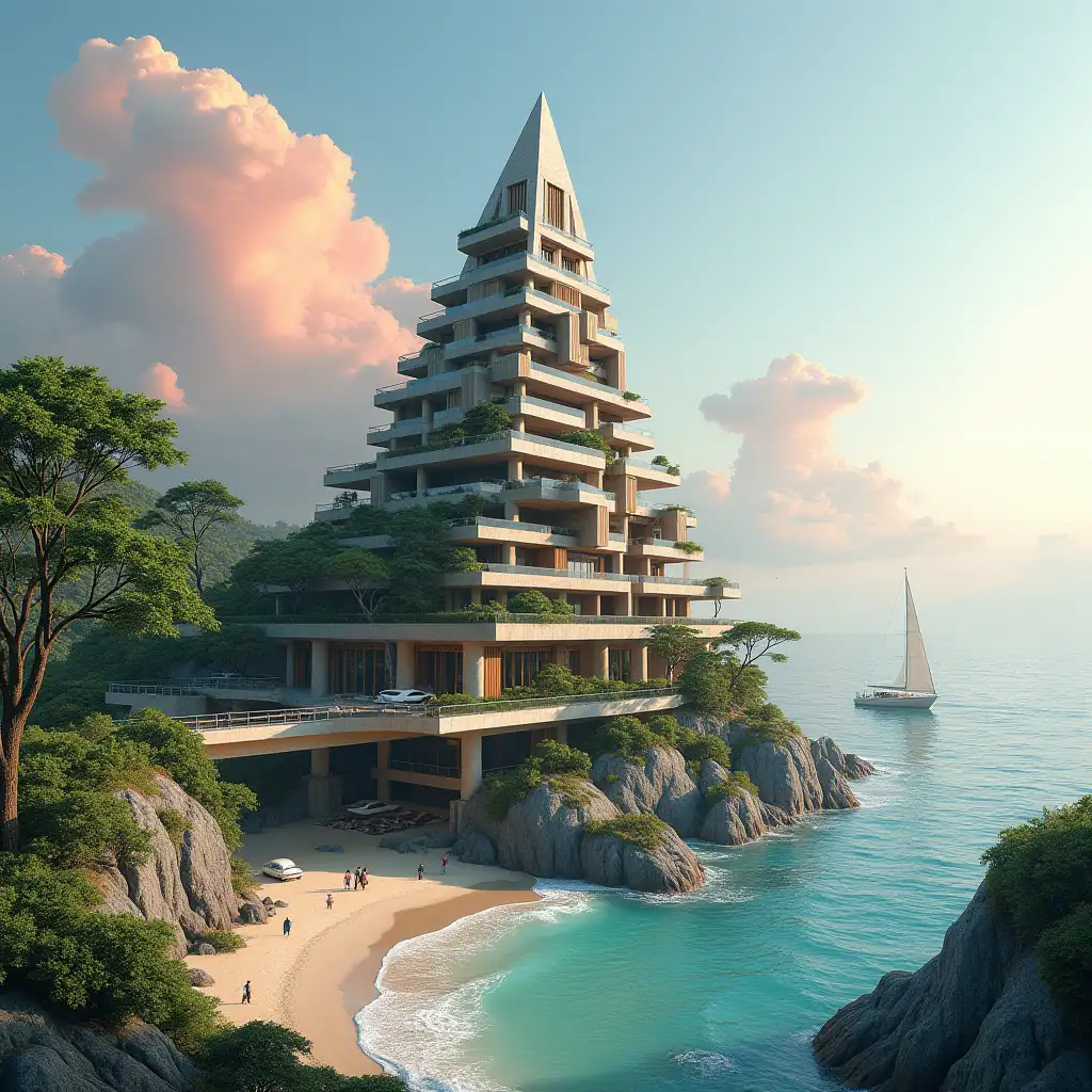 Create a high-resolution, realistic panorama image of a futuristic terrace building with window pyramid house with bridge, a yacht and a small boat beach with people, many plants and grey and brown facades with sea with waves, big trees, red clouds